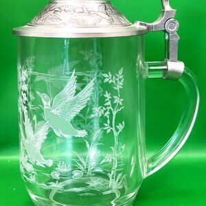 Vintage Etched Glass Beer Stein Tankard Lid Duck Goose Pond Scene Germany France